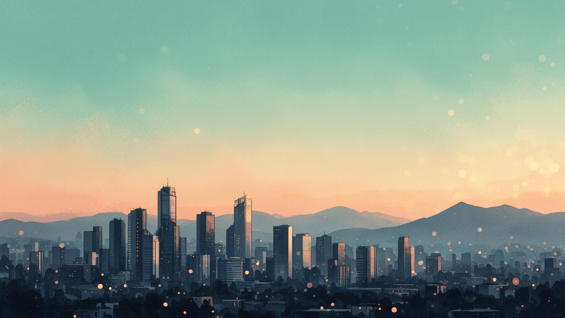 Painterly dusk city skyline with bokeh